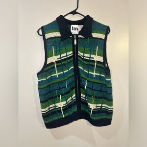 Vintage Sweater Vest Size Lg Blue/Cream Multi Color 1990s Knitted By Hand